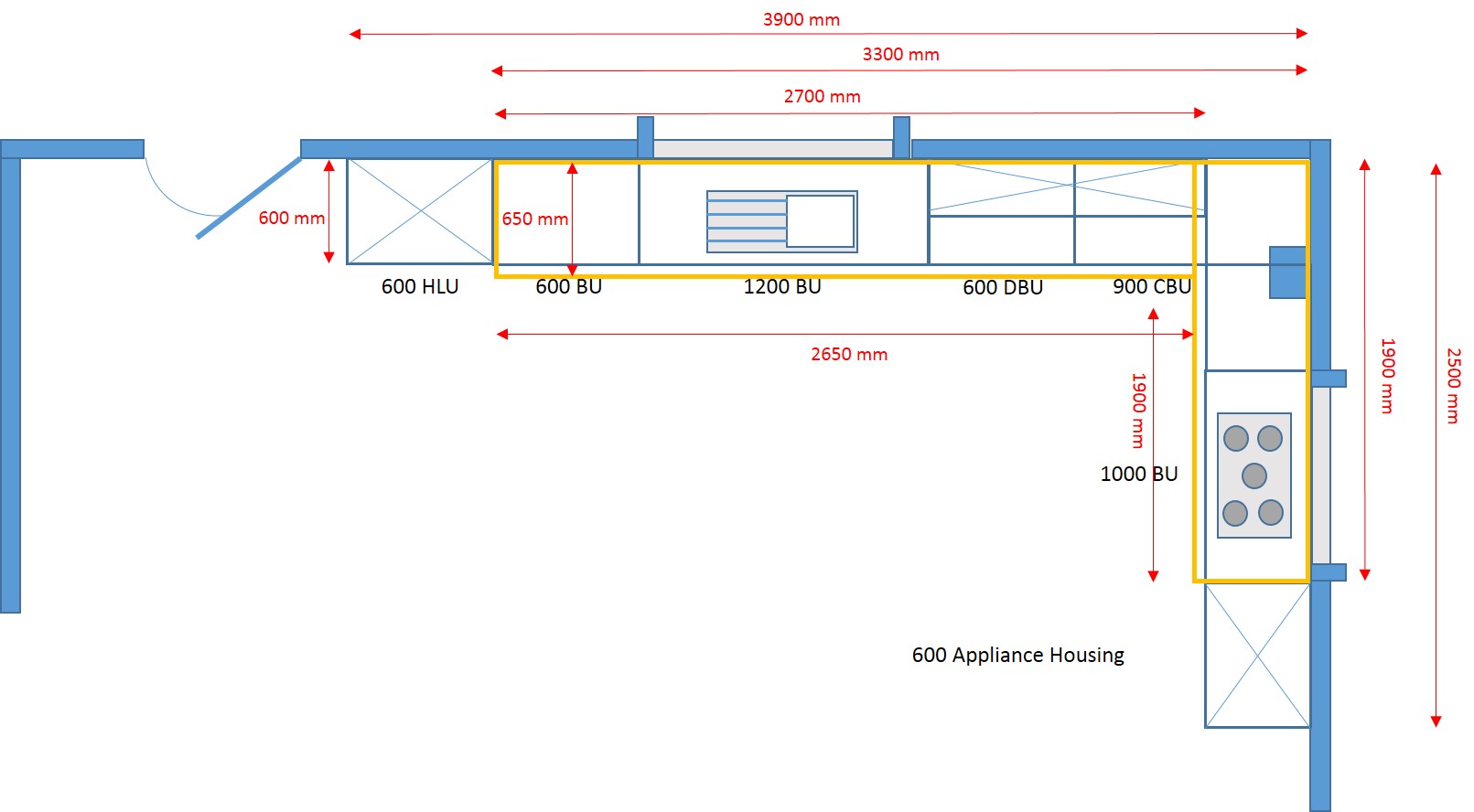 Home drawn example of kitchen measurements 